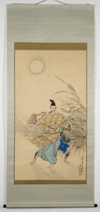 藤原康正がフルートを月光で奏でる、1882年秋の終わり（インク、色、漆、銀、絹に金） 作： Tsukioka Yoshitoshi